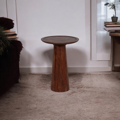 Petrascu 23"H Acacia Wood Pillar-Shaped Pedestal Abstract Side Table in Light Brown Finish, Accent Table for Use in a Living Room, Den, or Entryway