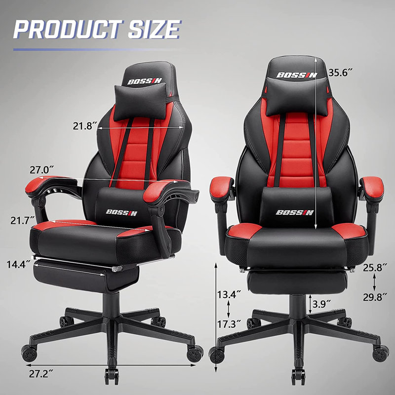 BOSSIN Gaming Chairs with Footrest, Ergonomic Computer Game Chairs with Lumbar Support, Red/Black