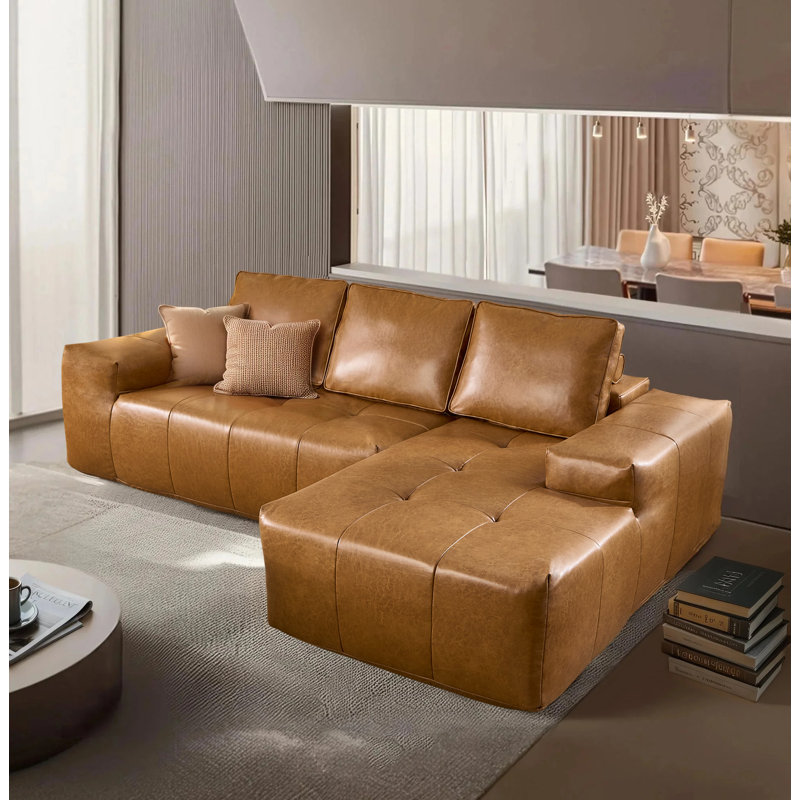 Modular Deep Seat Faux Wax Leather Modern L-shaped Sectional Sofa In Light Brown With Wide Armrests, No Assembly Required,Compression Packed