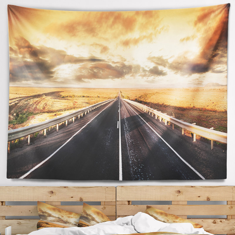 Paysage, route à travers le désert, tapisserie panoramique, H 50 po x l 60 po