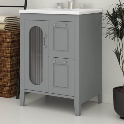 Meuble-lavabo 24 po avec lavabo en céramique, 1 porte en verre, 2 tiroirs à fermeture douce et tablette réglable, armoire de rangement en bois massif