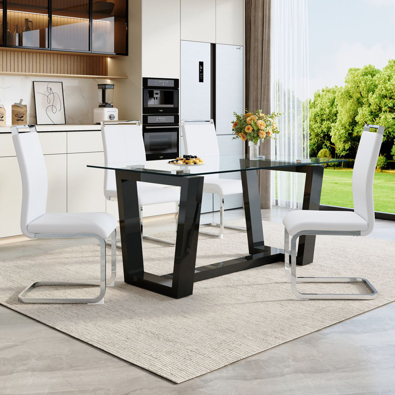 Ensemble de table de salle à manger de 63 po pour 4 à 6 personnes, table de cuisine moderne en verre trempé avec chaises en similicuir