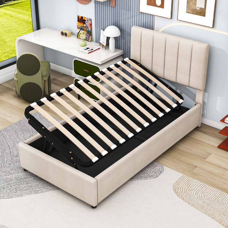 Lit plateforme simple tapissier en bois avec rangement relevable et lattes, Beige