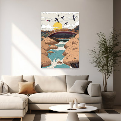 Contemporary Art Minimalist Peaceful Retro Bird Forest Landscape Wall Art - Wrapped Canvas Print