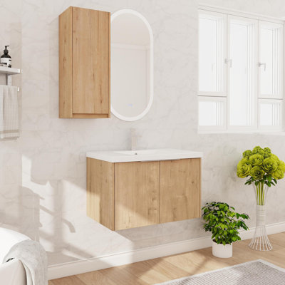 Meuble-lavabo mural simple 30 po avec plateau en résine, meuble-lavabo flottant avec 2 portes et armoire latérale