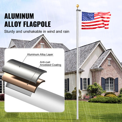 Ensemble de mât de drapeau sectionnel de 7,6 m (25 pi), mâts robustes en alliage d'aluminium à planter dans le sol pour l'extérieur, 3 modes d'affichage, drapeau américain 90 x 150 cm (3 x 5 pi), accessoires professionnels, argent