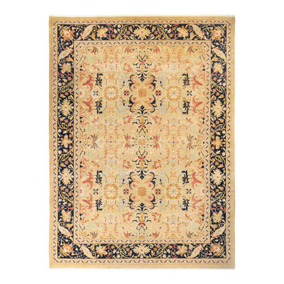 Tapis jaune en laine noué à la main de conception unique 10 pi 5 po x 13 pi 10 po Ohlone