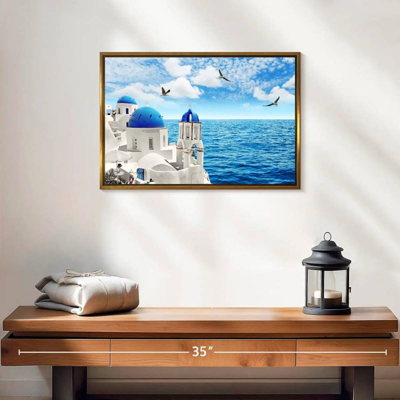 Île de Santorin, 19 po x 13 po, Cadre flottant doré