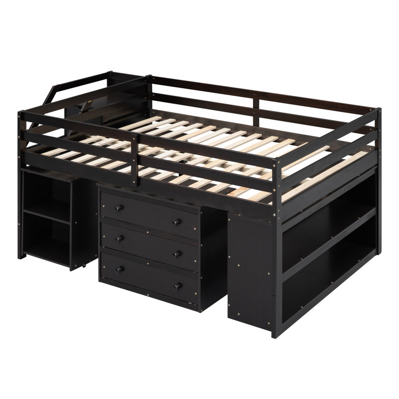 Kairo Loft Bed With Retractable Desk And Storage Drawers, Solid Pine Wood And MDF, Espresso