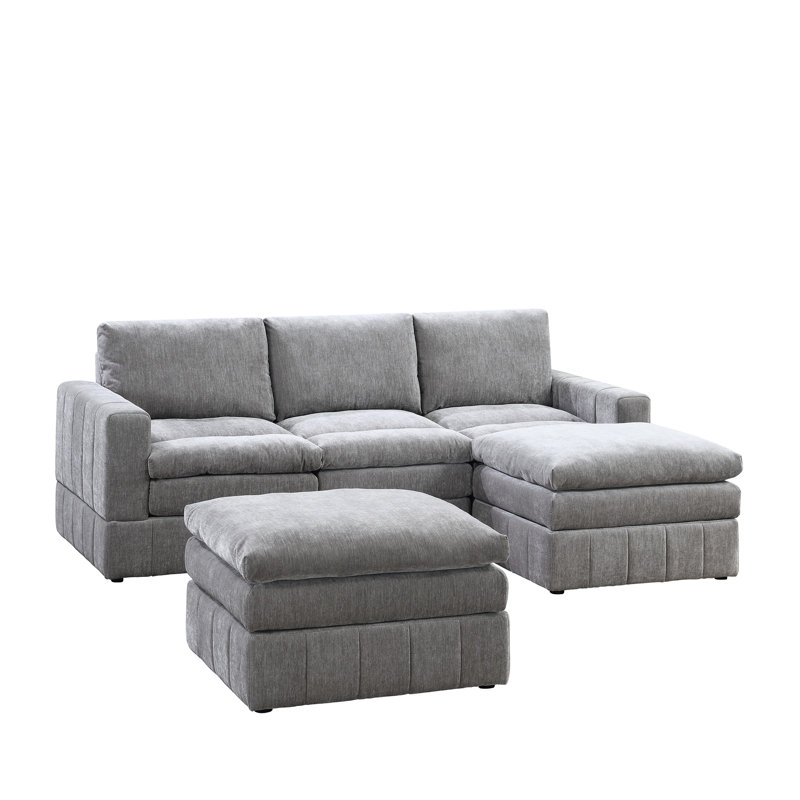 Salon modulaire 5 pièces - couleur grise, plateau-coussin, mobilier modulaire à structure en bois d'aspect classique, coussin triple épaisseur