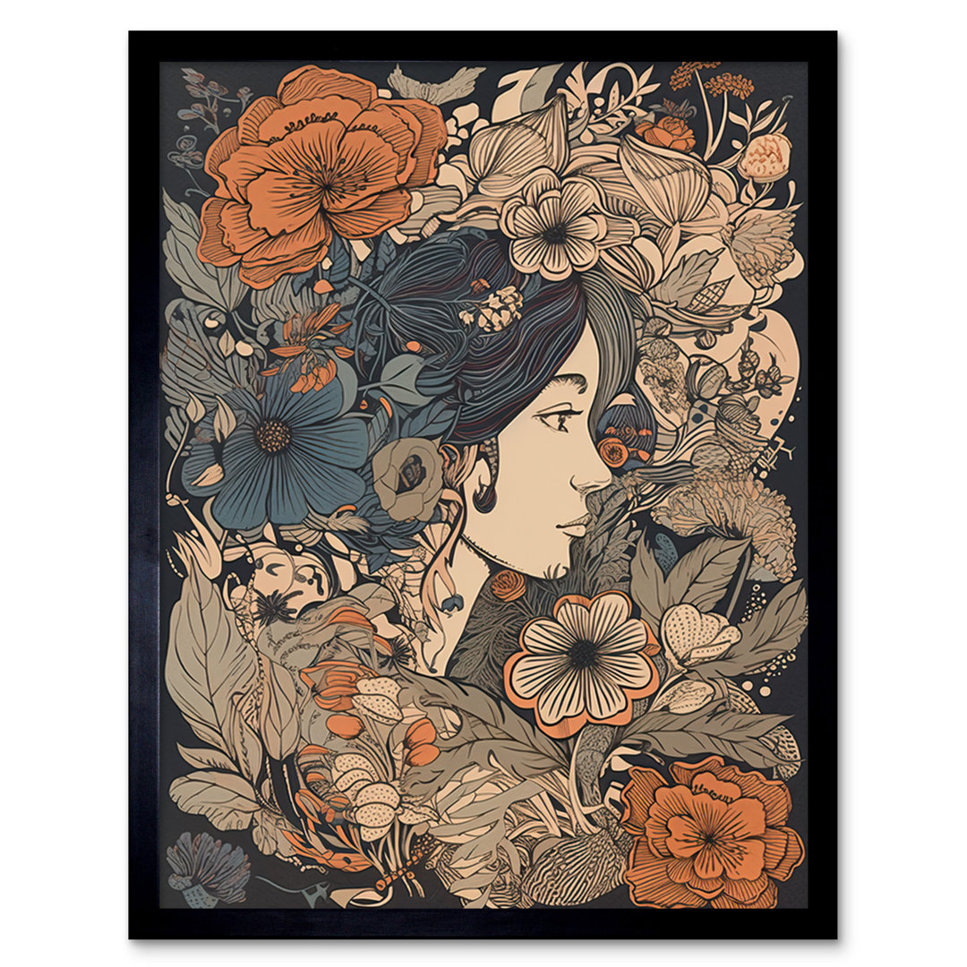 Madox Woman Floral Profile Portrait Boho Nouveau - Single Picture Frame Print