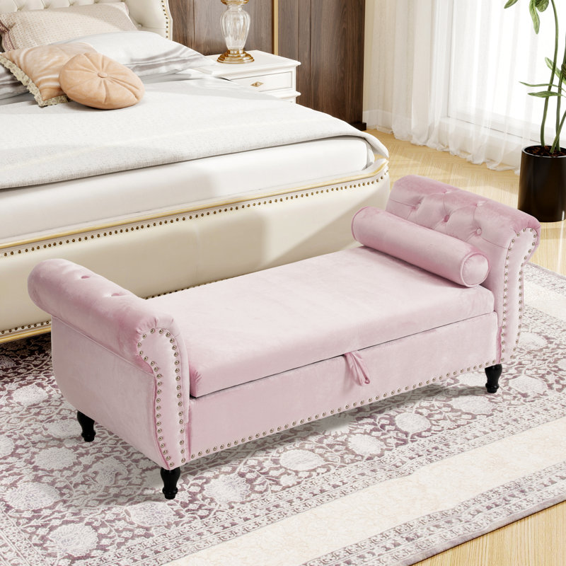 Repose-pieds rectangulaire en velours avec rangement multifonctionnel, Rose pastel