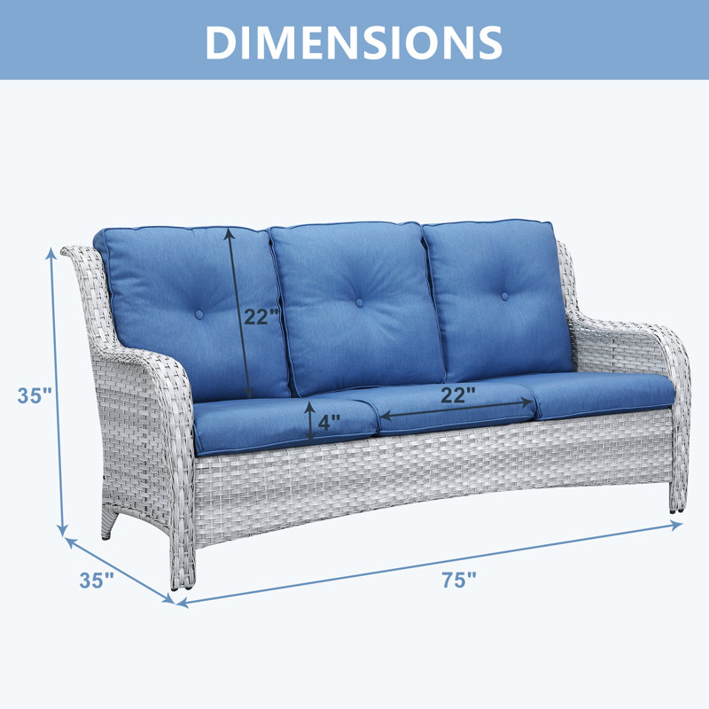 Tonry 74'' Wide Rectangle Wicker Patio Sofa with Cushions, Light Gray Frame/Navy Cushion