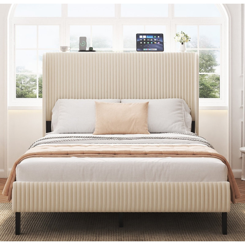 Full Size Beige Metal Platform Bed - Modern Design with Integrated Charging Station | Noise-Free Structure, No Box Spring Required, Sturdy & Stylish