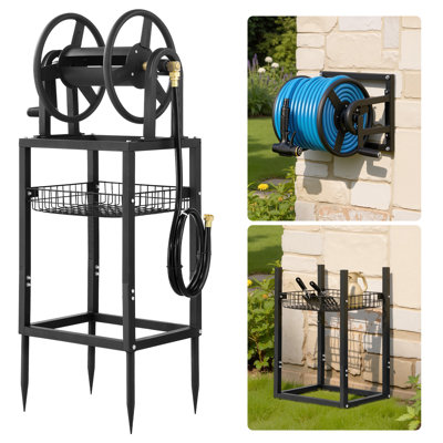 Freestanding Garden Hose Reel, Holds 125 Feet of 5/8-inch Hose, 5 ft Leader Hose, 4 Spikes, Wall Mount or Ground Mount, Detachable Holder Stand with Storage Rack, Brass Fitting, Designed for Backyards