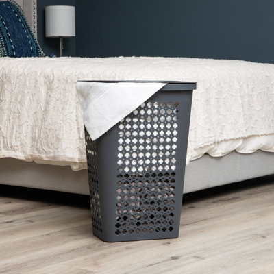  Slim Tapered Laundry Hamper with Lid, Clothes Basket with Swiss Cross Cut-Outs, Lightweight & Ventilated, Plastic, Gray