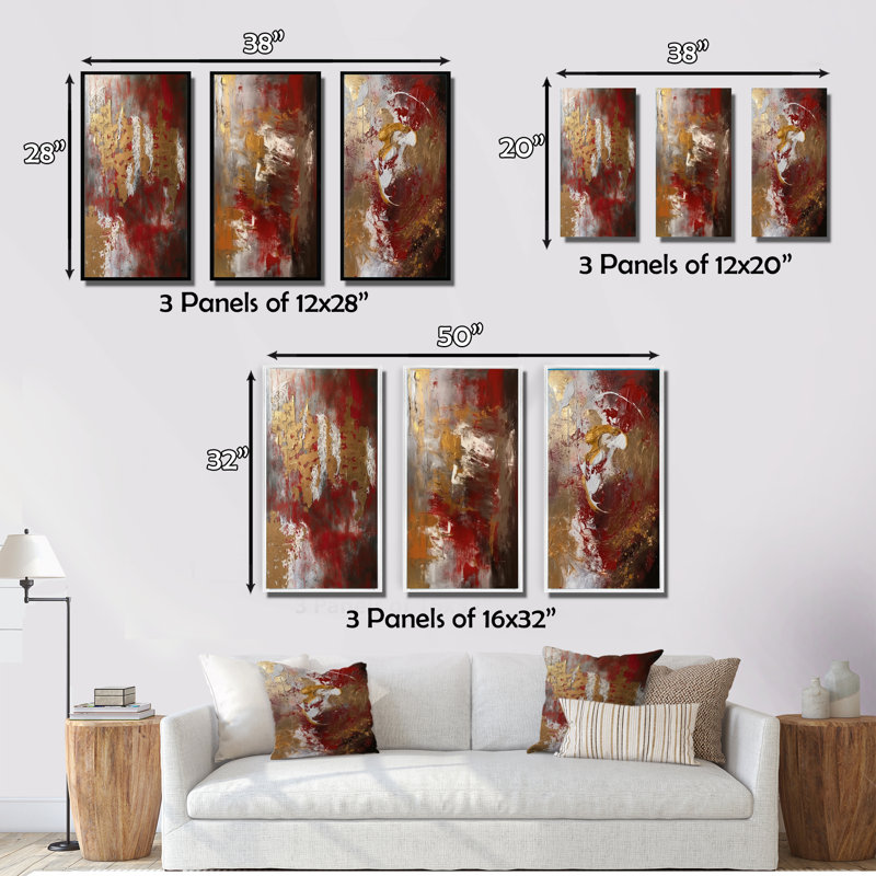 "Révélations italiennes anciennes en or et rouge", 3 pièces sur toile, Toile tendue, H 40 po x l 60 po