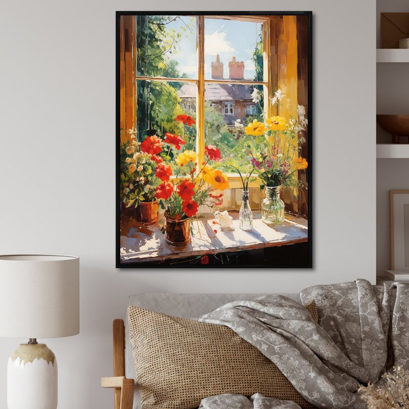 Fleurs d'été, vue de fenêtre à la ferme III - art mural floral, Cadre flottant noir, H 32 po x l 16 po