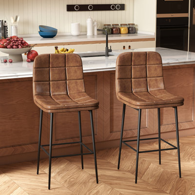 Tabouret de bar et de comptoir rembourré en cuir de polyuréthane à dossier bas de 27,5 po avec structure et repose-pieds en métal, tabourets de bar sans accoudoirs modernes pour îlot de cuisine