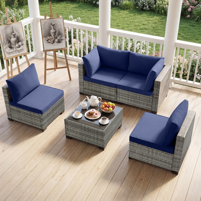 5 Piece Modular Patio Conversation Sets, Sectional Seating Group with Cushions, Blue, Gray