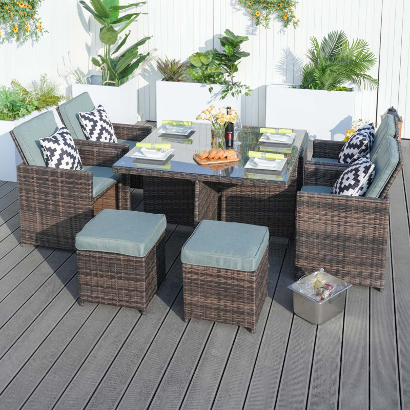 Square 8 - Person 49.2'' Patio Dining Set With Cushions, Brown, Celadon