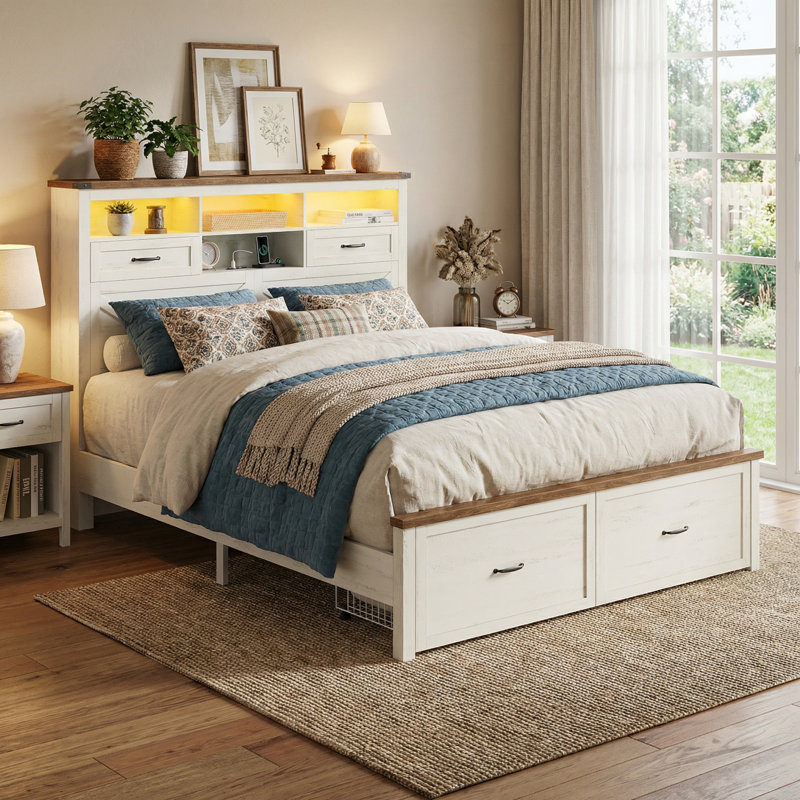 51.3" Farmhouse Storage Headboard Bed Frame (4 Drawers, Led, Charging Station, Noise-Free, No Box Spring), White, King