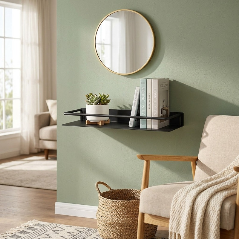 Modern Black Metal Floating Wall Shelf with Rail for Versatile Storage