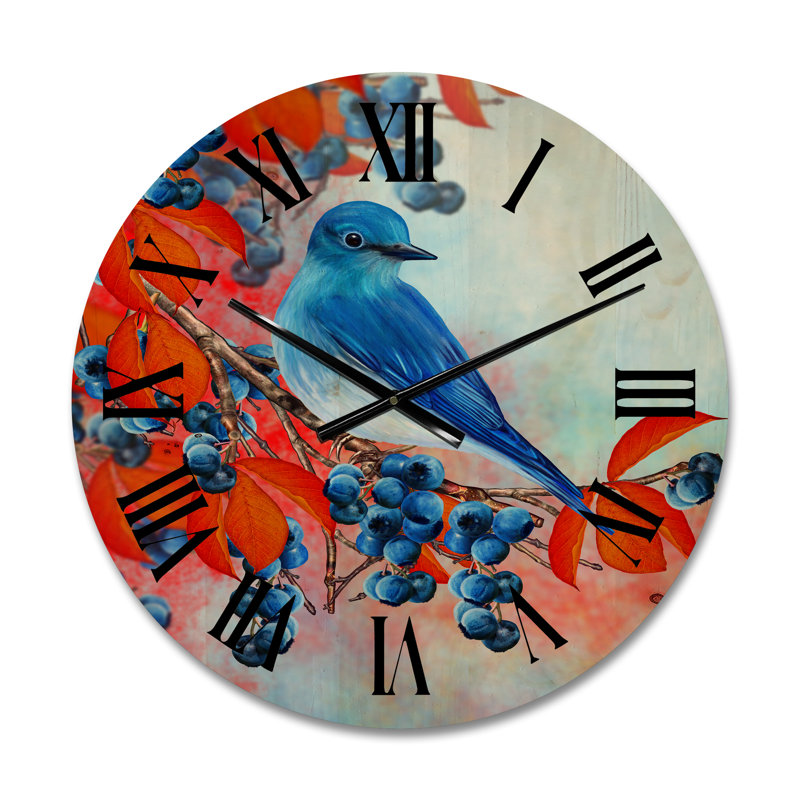 Horloge murale en bois lumineux bouvreuil assis sur une branche III, Petit