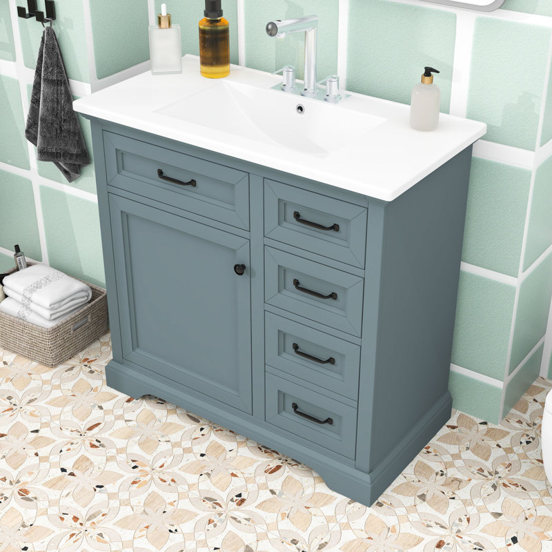 Meuble-lavabo en bois avec lavabo et tiroirs et tablettes de rangement, Bleu gris