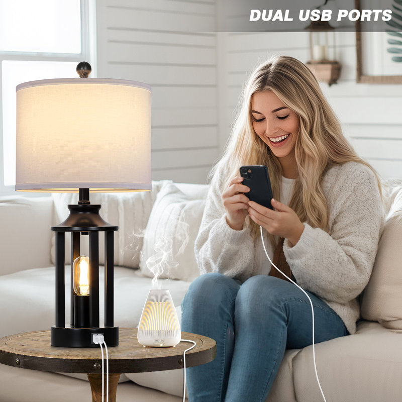 Cochranville 23.6" Dimmable Lantern Table Lamp Set with Night Light and USB Ports, Black, White