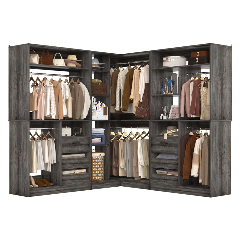 72"-108"Closet System With Drawers And Rods, Gray