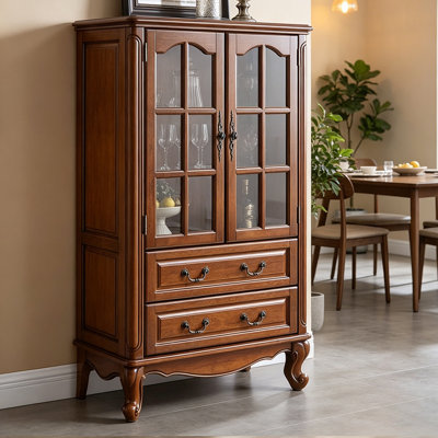 Vintage Double-door Solid Wood Wine Cabinet, White Ash Tempered Glass Display & Storage Sideboard