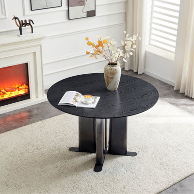 Table de salle à manger ronde en panneau de fibres à densité moyenne, pieds dégradés avec base en croix, table de cuisine compacte pour 2 à 4 personnes