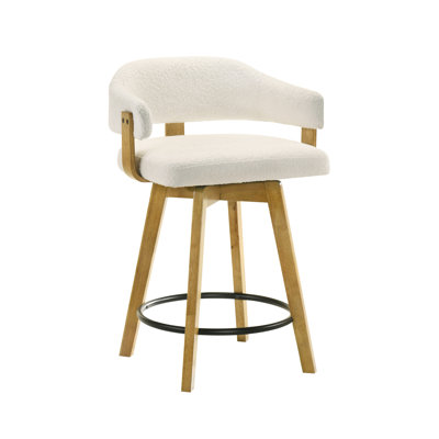 Callah Contemporary Natural Wood Counter Height Kitchen Bar Stool In Amber Glow Finish With White Boucle Fabric Upholstered Seat