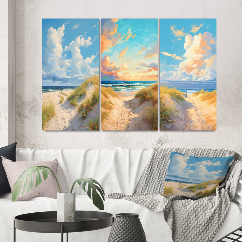 «Beach Tranquility Ocean In Spring», 3 pièces sur toile, Toile tendue, H 32 po x l 48 po