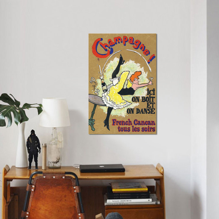 « french cancan champagne », affiche rétro sur toile, H 18 po x l 12 po x P 1,5 po