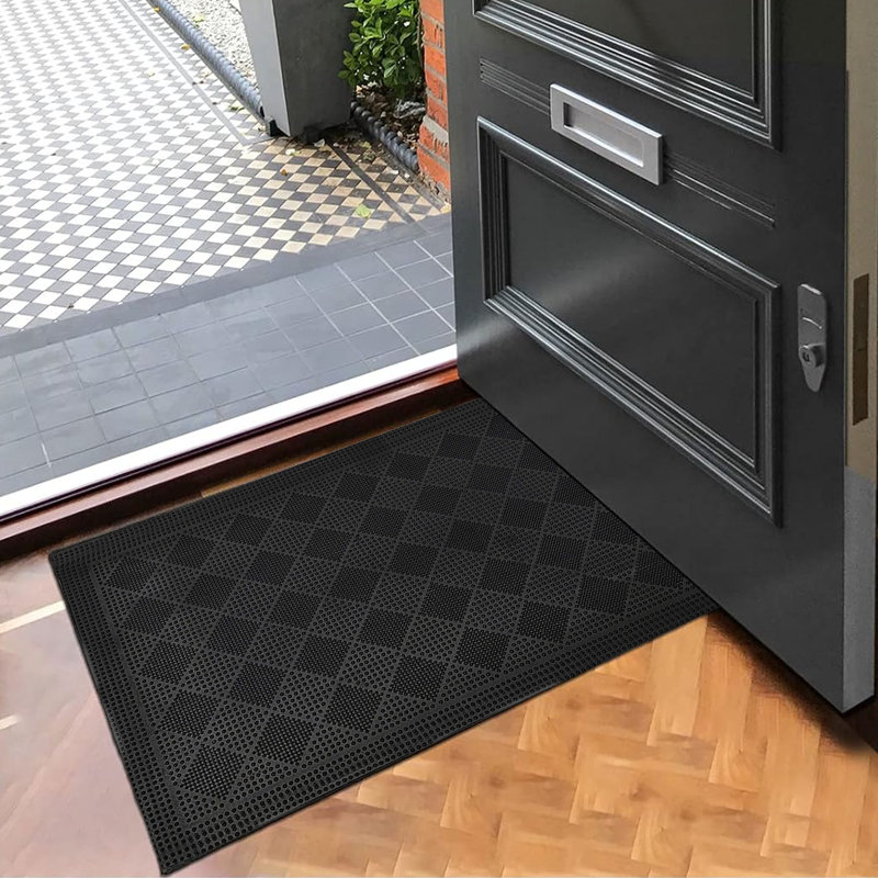 Outdoor Front Door Mat Drew Checkerboard Rubber Pine Rug 24x16 Black