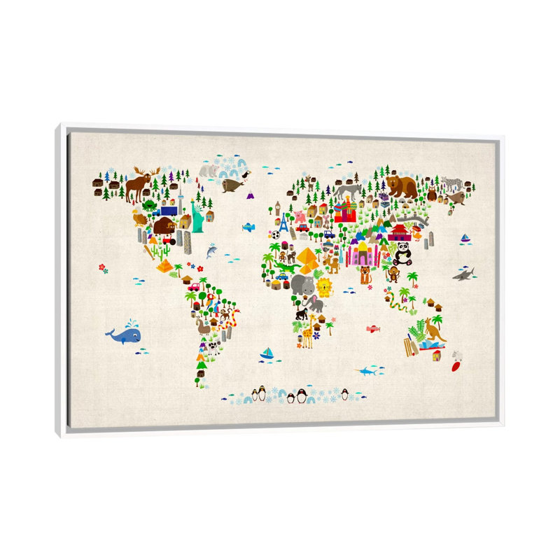 « animal map of the world ii » par michael tompsett-print, H 26 po x l 40 po x 1,5 po, Toile blanche encadrée