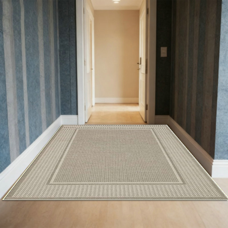 Living Room Area Rug Modern Striped Border Throw Carpet with Rubber Backing Low Pile Stain Resistant Dining Room Rug Contemporary Bordered Carpet for Home Office, Khaki
