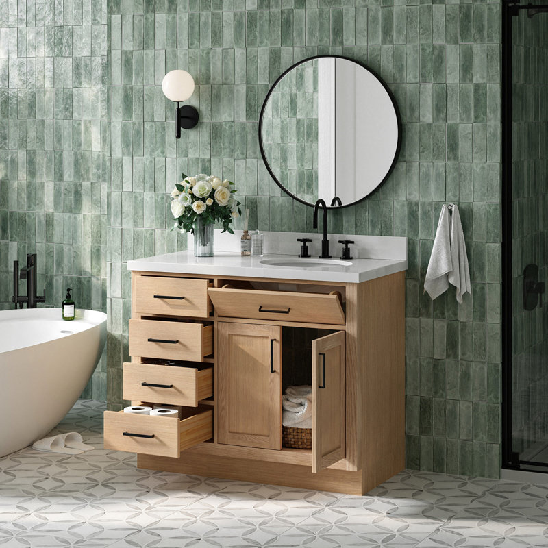 Meuble-lavabo simple en bois massif 42 po Tidworth avec plateau en quartz blanc 1,5 po, Oui, Ovale, Chêne naturel
