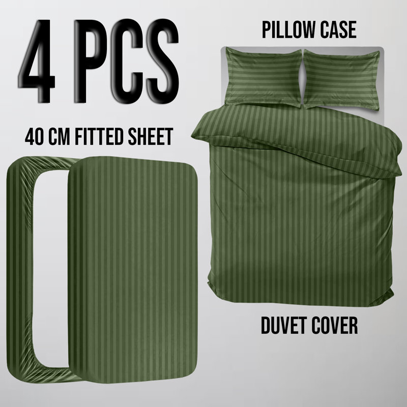 Microfiber/Polyester Striped Duvet Cover Set with Fitted Sheet Pillowcases , Olive Green, King Duvet Cover