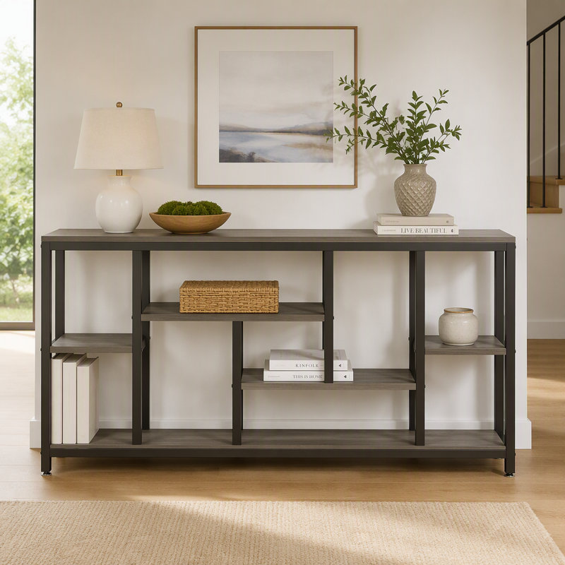 Table console 70,9 po avec tablettes de rangement, Gray / Black, Gray