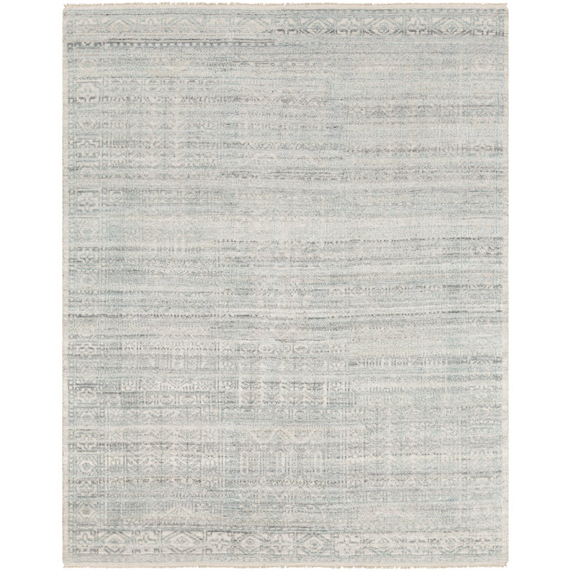 Indrakumar Hand-Knotted Teal/Light Gray/Beige Rug, Rectangle 6' x 9'