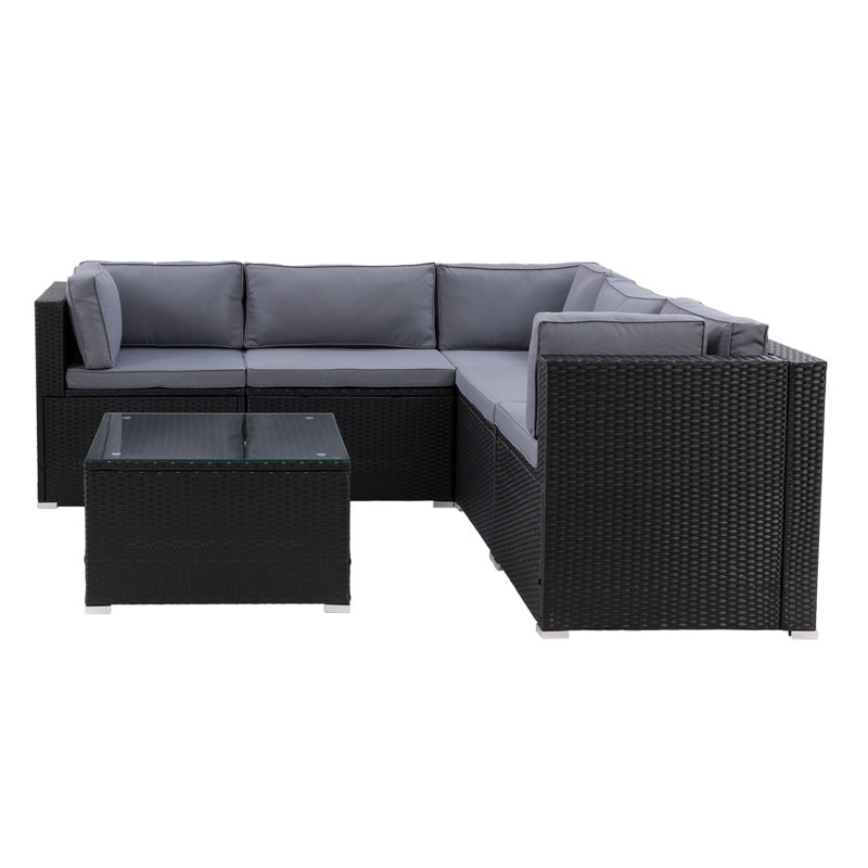 Ensemble de conversation modulaire en rotin avec coussins 6 pièces Newburyport, Gris, Noir