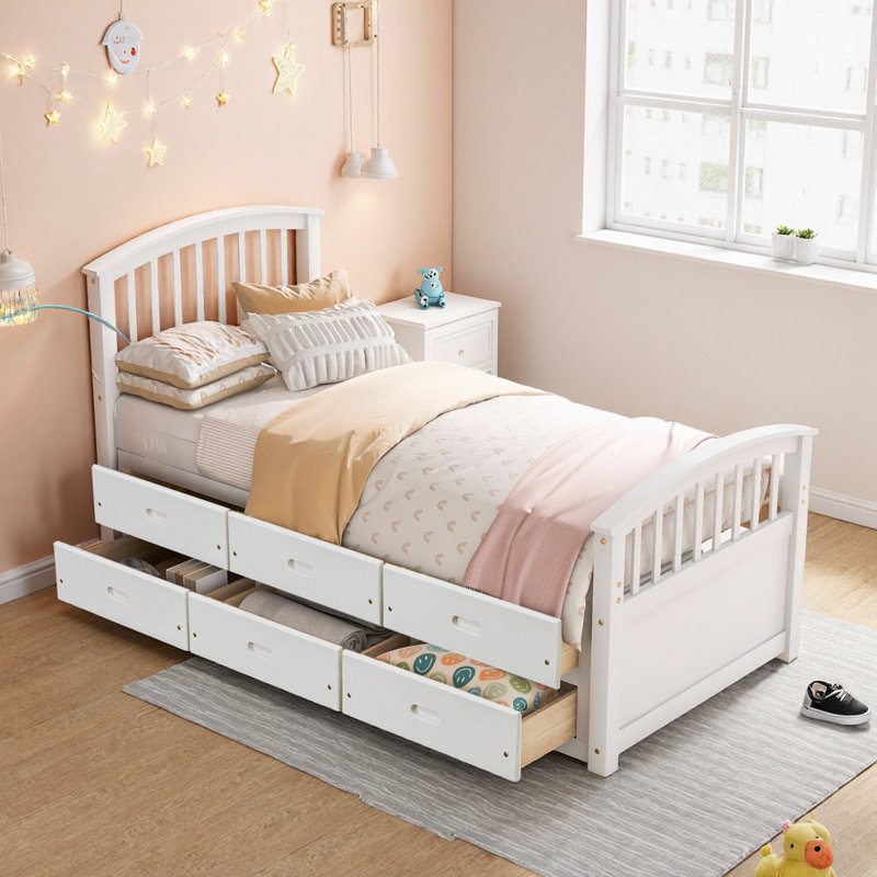 Lit plateforme avec rangement simple en pin massif blanc avec 6 tiroirs sous le lit, Blanc