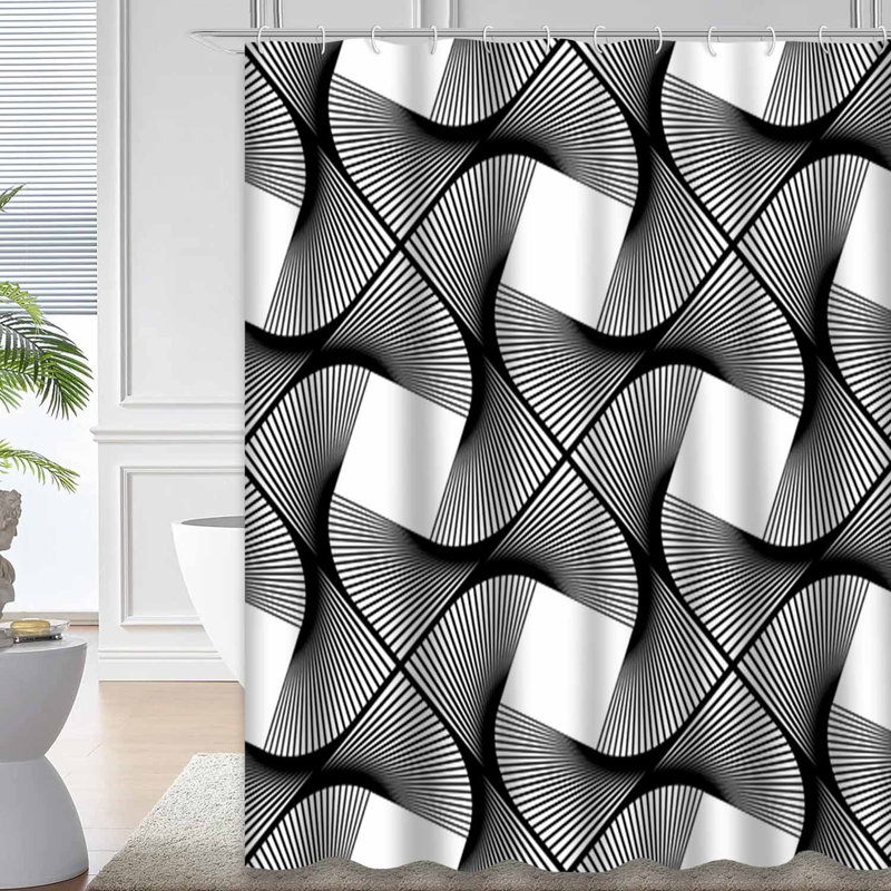 Rideau de douche décoratif abstrait monochrome blanc avec 12 crochets, 72" L x 78" W