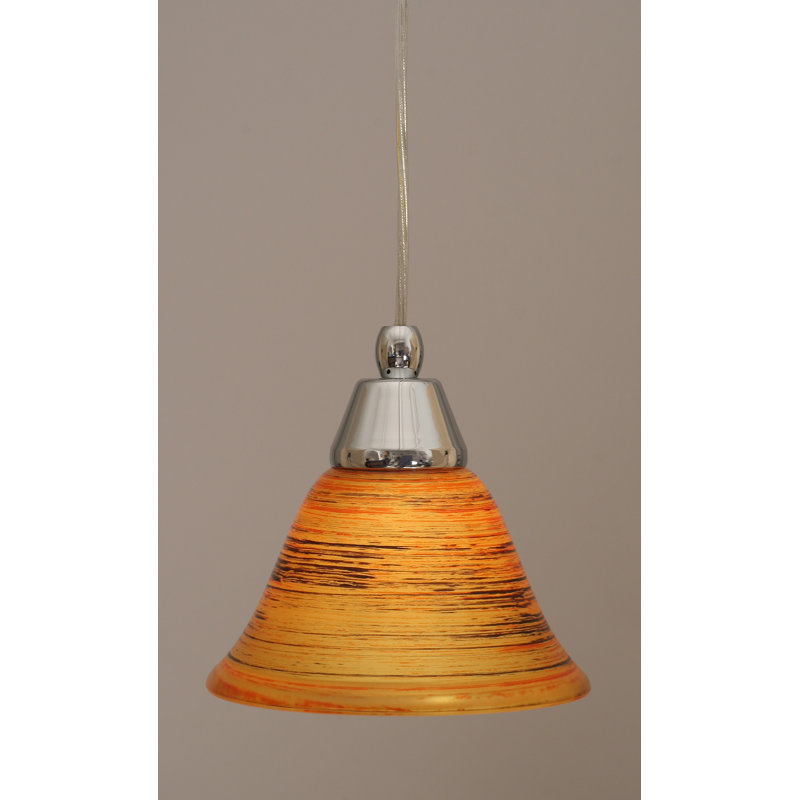Cord Hung Mini Pendant Shown In Black Copper Finish With 10" Amber Crystal Glass, Chrome, 7" W, Firré Saturn Glass