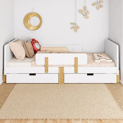 Structure de lit plateforme double avec tiroirs, garde-corps et tablette - support en bois massif