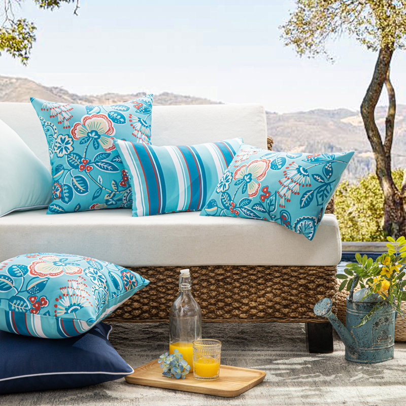 Turquoise Floral 20'' x 20'' Outdoor Reversible Throw Pillow Set