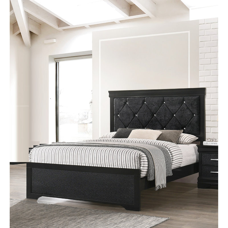 Lit double à panneau noir avec tête de lit rembourrée résistante et capitonnage à boutons pour une chambre à coucher artistique